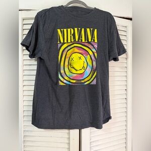 NIRVANA Short Sleeve Tee in Dark Gray with Yellow and Multicolor Design